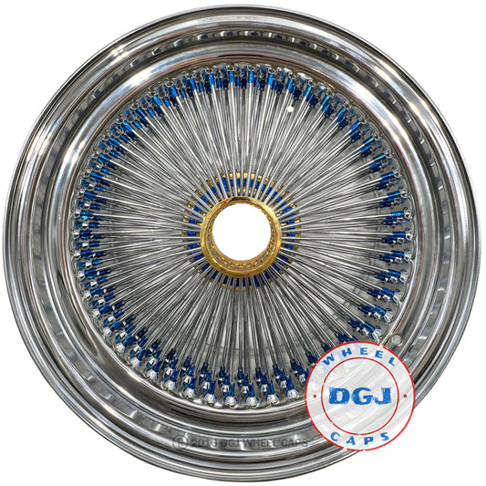 DGJ WHEELS 20x8 STD 150 Spoke Blue Nip+Hub Ring & Gold Hub Lowrider Wire Wheels