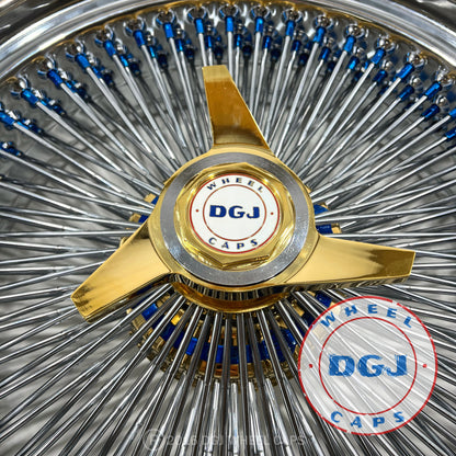 DGJ WHEELS 20x8 STD 150 Spoke Blue Nip+Hub Ring & Gold Hub Lowrider Wire Wheels