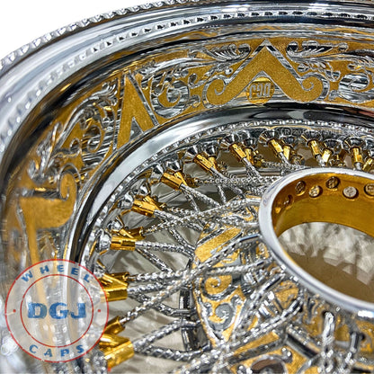 DGJ 14x7 Two Tone Engraved Rev 72 Cross Lace Diamond Spokes Lowrider Wire Wheels