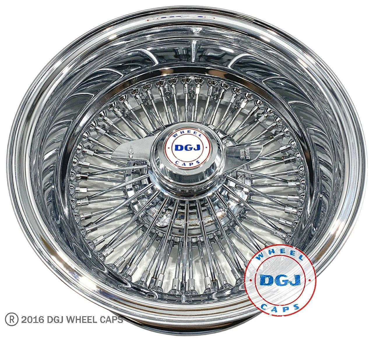 Lowrider Wire Wheels DGJ Wheel Caps DGJ 13x7 Rev 72 Straight Lace All Chrome Lowrider Wire Wheel Rims