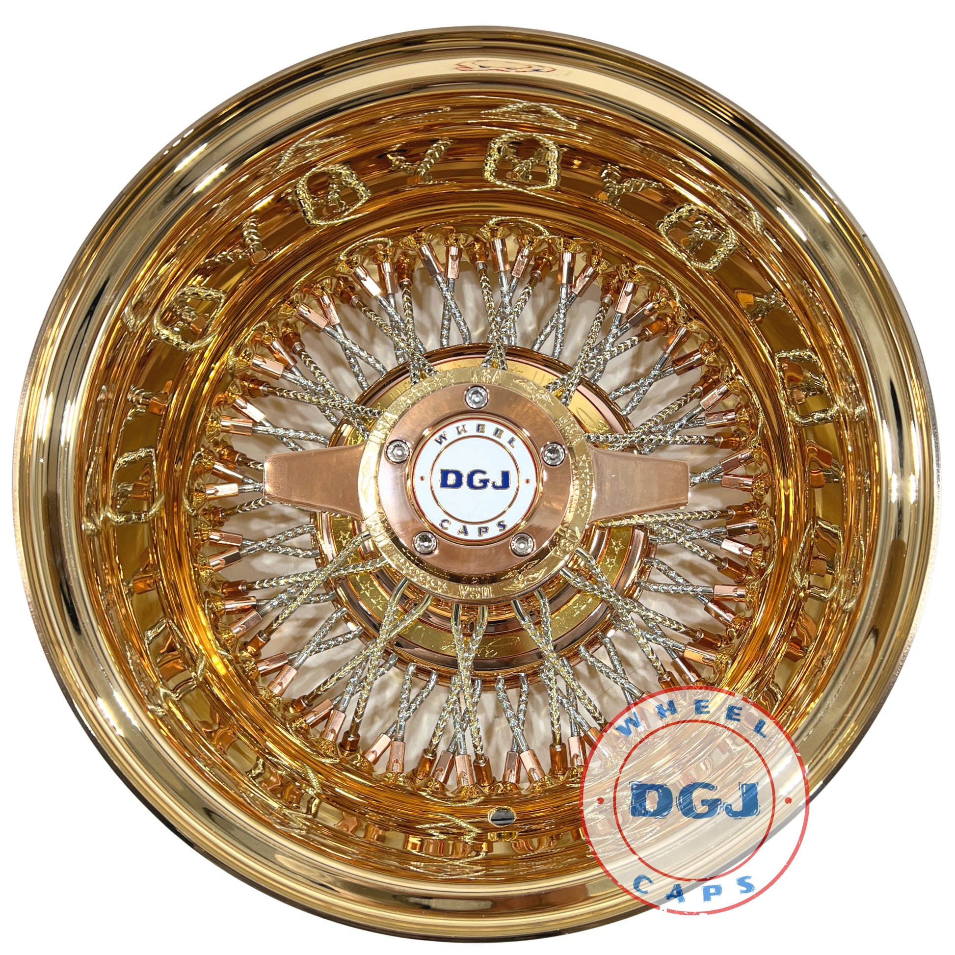 Lowrider Wire Wheels DGJ Wheel Caps Zenith 13x7 Rev 72 Dmnd Cross Lace Gold, Rose Gold & Chrome Lowrider Wire Wheels