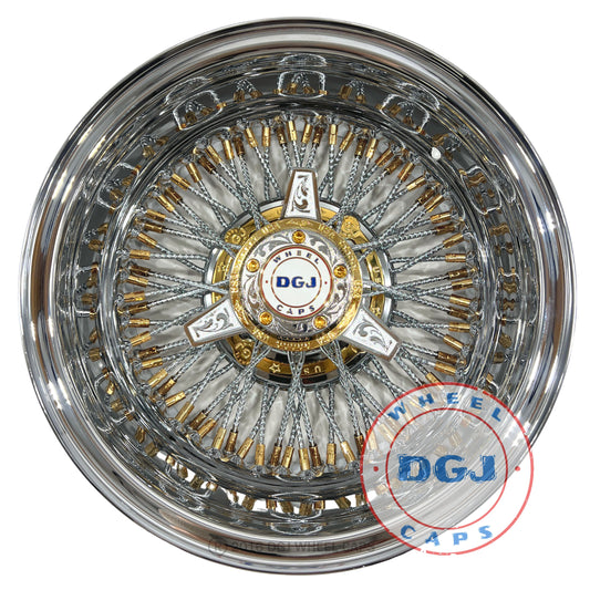 Lowrider Wire Wheels DGJ Wheel Caps DGJ 13x7 Rev 72 Diamond Spks Gold NnHR + Engraved Knockoffs Lowrider Wire Wheels