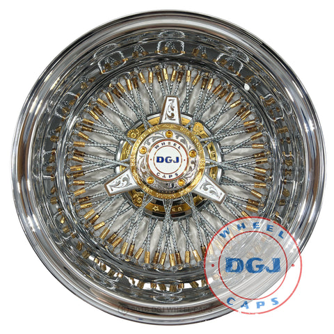 DGJ 13x7 Rev 72 Diamond Spks Gold NnHR + Engraved Knockoffs Lowrider Wire Wheels