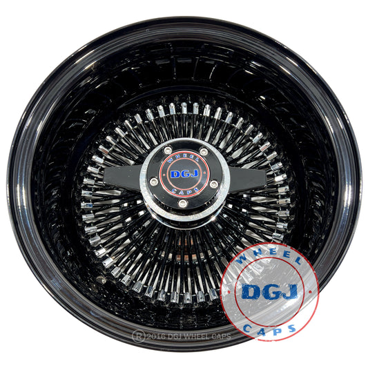 Lowrider Wire Wheels DGJ Wheel Caps DGJ 13x7 Rev 100 Spoke All Black w/ Chrome Nip+Hub Lowrider Wire Wheel Rims 