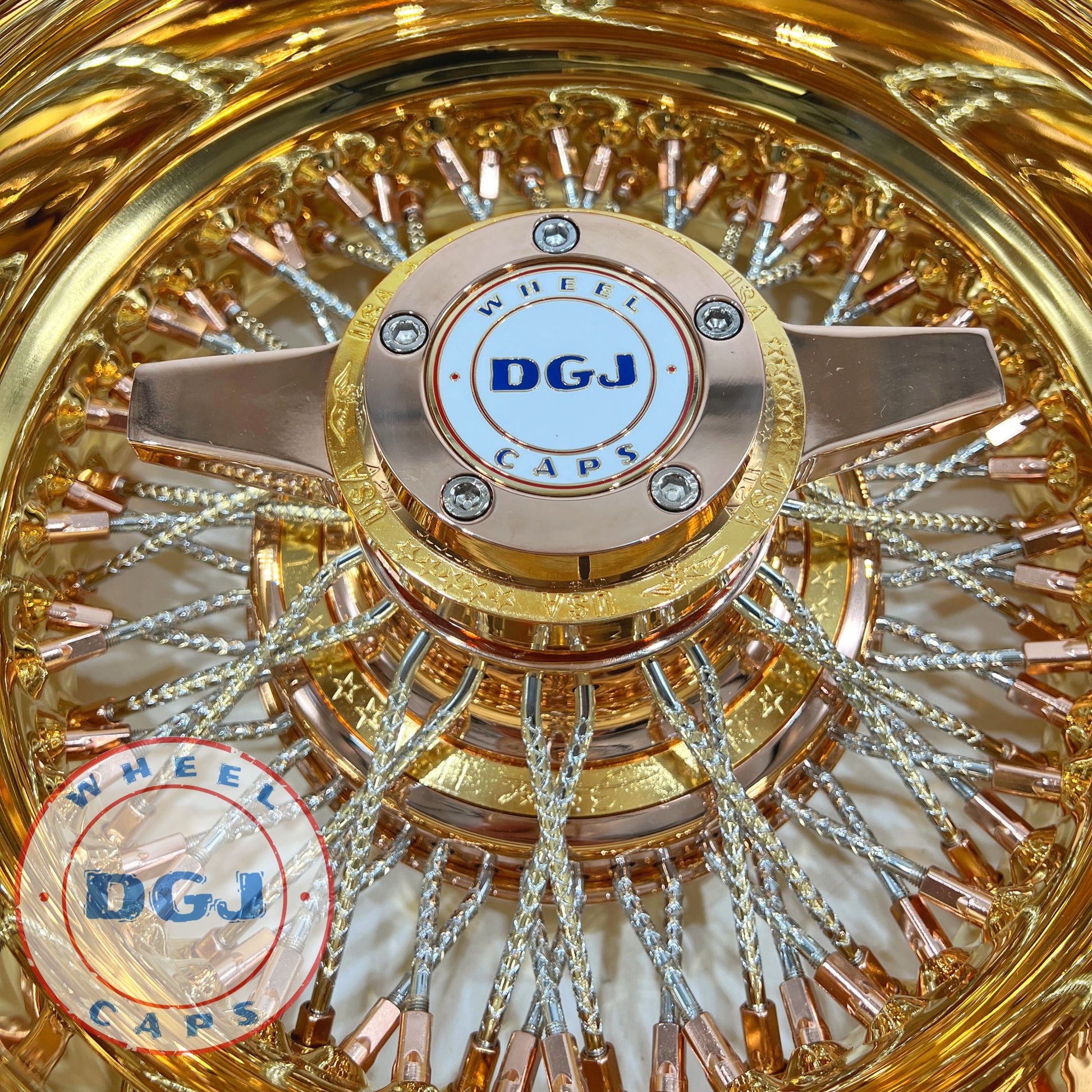 Lowrider Wire Wheels DGJ Wheel Caps Zenith 13x7 Rev 72 Dmnd Cross Lace Gold, Rose Gold & Chrome Lowrider Wire Wheels