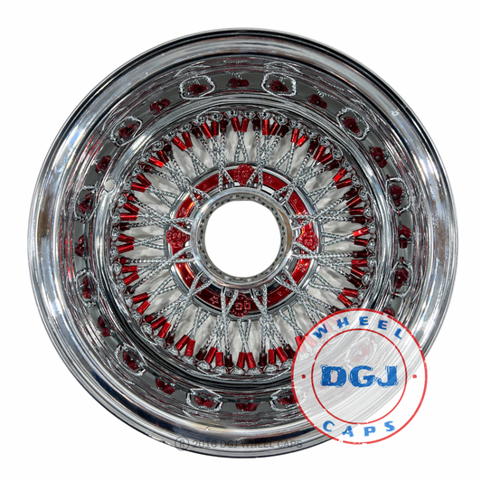 DGJ WHEELS 14x7 Rev 72 Diamond Spoke Candy Red Nip+Hub Ring Lowrider Wire Wheels