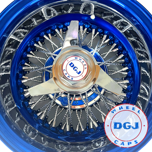 Lowrider Wire Wheels DGJ Wheel Caps DGJ 13x7 Rev 72 CL Diamond Spokes, Candy Blue Dish & Ring Lowrider Wire Wheels 