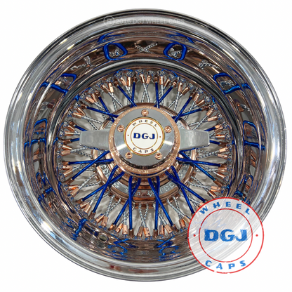 Lowrider Wire Wheels DGJ Wheel Caps DGJ 13x7 Rev 72 CL Diamond Spokes, Candy Blue & Rose Gold Lowrider Wire Wheels