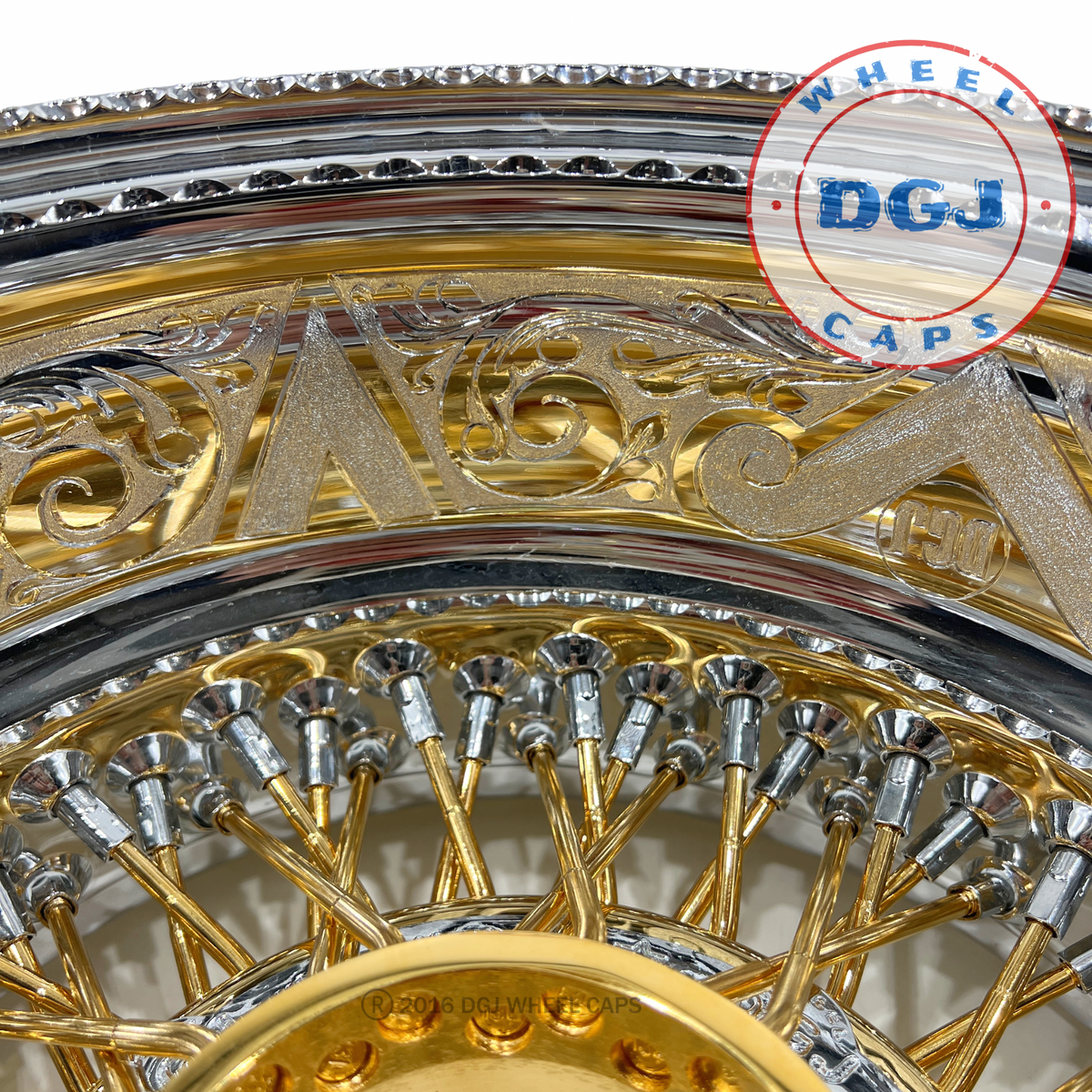 Lowrider Rims DGJ Engraved 14x7 Rev 72 Cross Lace Gold & Chrome Lowrider Wire Wheel ...