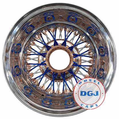 Lowrider Wire Wheels DGJ Wheel Caps DGJ 13x7 Rev 72 CL Diamond Spokes, Candy Blue & Rose Gold Lowrider Wire Wheels