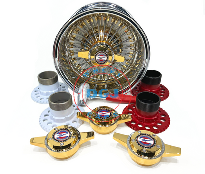 13x7 Zenith Style Lowrider Wire Wheels 72 Spokes Chrome Ring, Gold Nipples & Hub