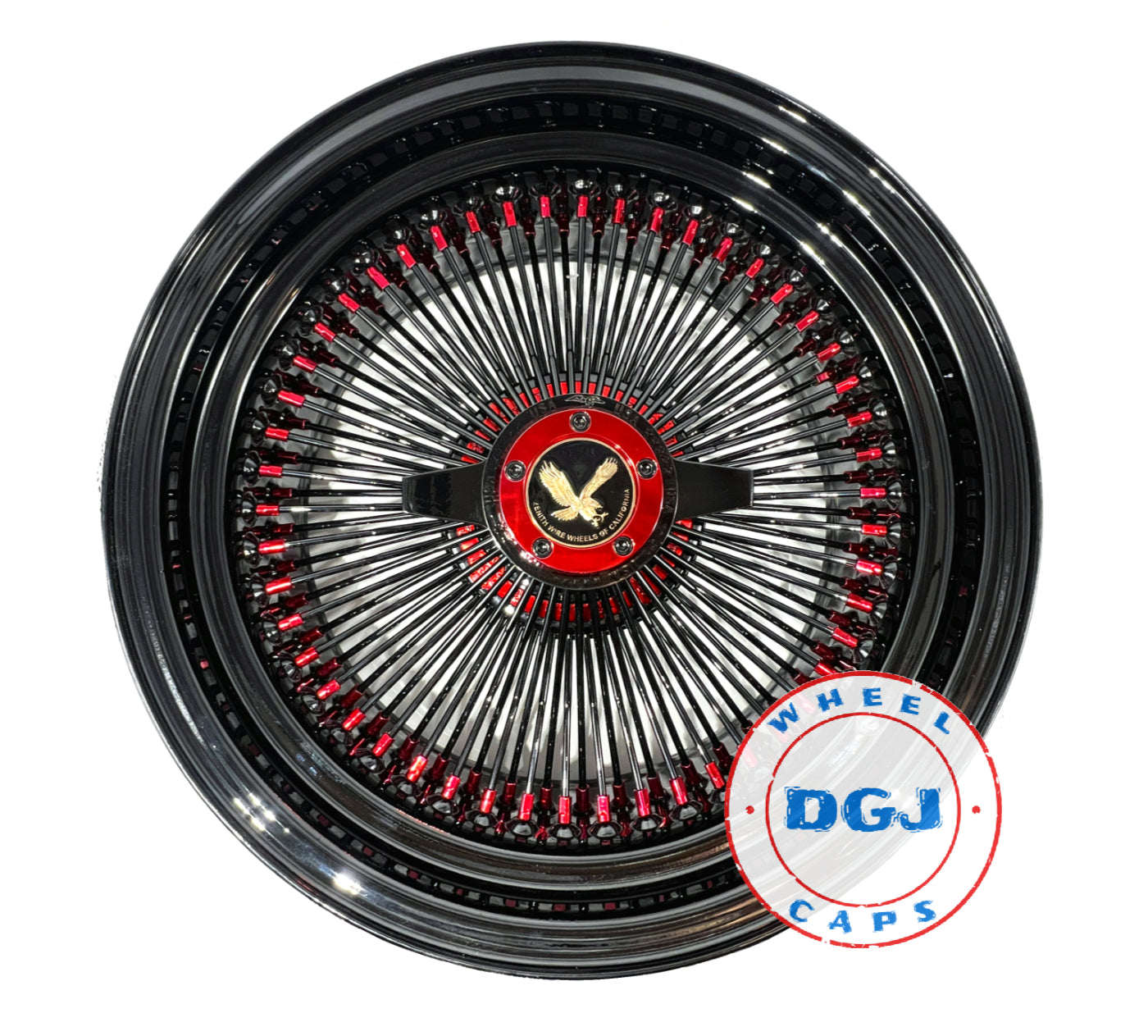 Lowrider Wire Wheels DGJ Wheel Caps DGJ WHEEL 13x7 Rev 100 Spoke All Black w/ Red Nip+Hub Ring Lowrider Wire Wheels