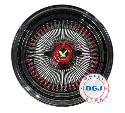 Lowrider Wire Wheels DGJ Wheel Caps DGJ WHEEL 13x7 Rev 100 Spoke All Black w/ Red Nip+Hub Ring Lowrider Wire Wheels