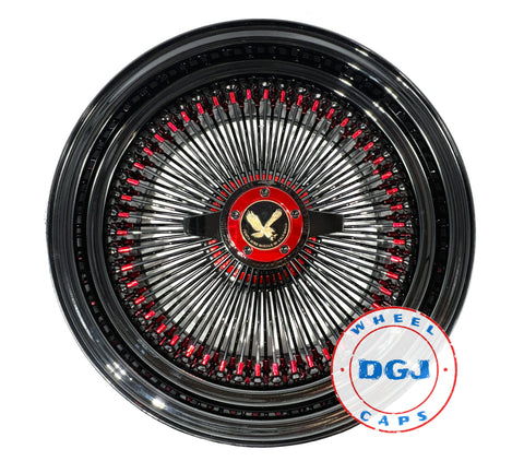 DGJ WHEEL 13x7 Rev 100 Spoke All Black w/ Red Nip+Hub Ring Lowrider Wire Wheels