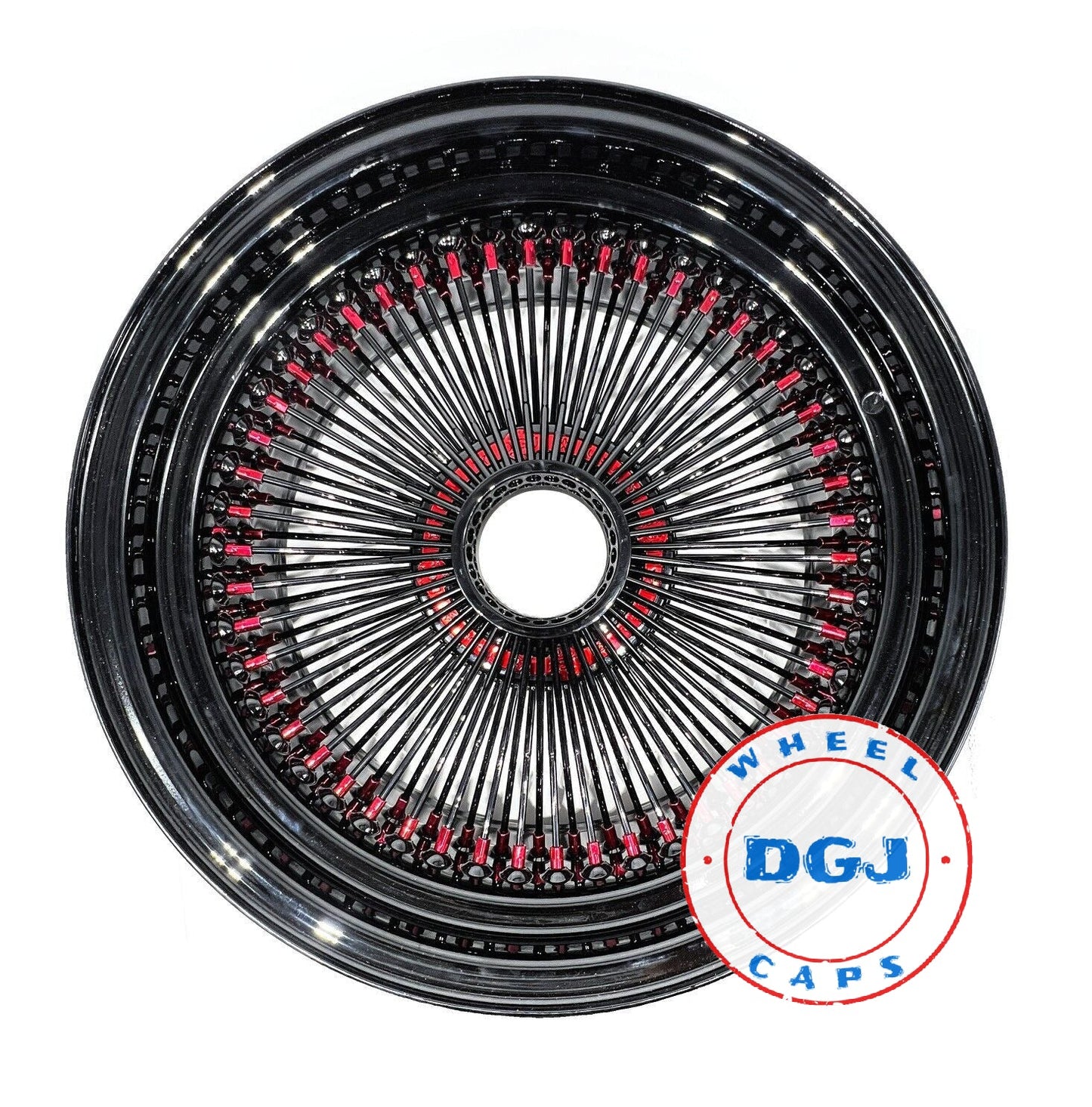 Lowrider Wire Wheels DGJ Wheel Caps DGJ WHEEL 13x7 Rev 100 Spoke All Black w/ Red Nip+Hub Ring Lowrider Wire Wheels