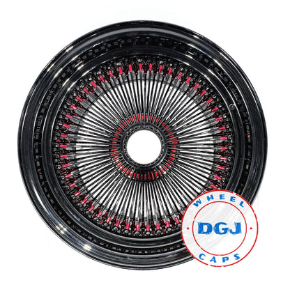 Lowrider Wire Wheels DGJ Wheel Caps DGJ WHEEL 13x7 Rev 100 Spoke All Black w/ Red Nip+Hub Ring Lowrider Wire Wheels
