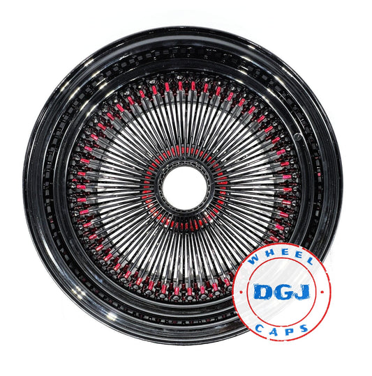 Lowrider Wire Wheels DGJ Wheel Caps DGJ WHEEL 13x7 Rev 100 Spoke All Black w/ Red Nip+Hub Ring Lowrider Wire Wheels