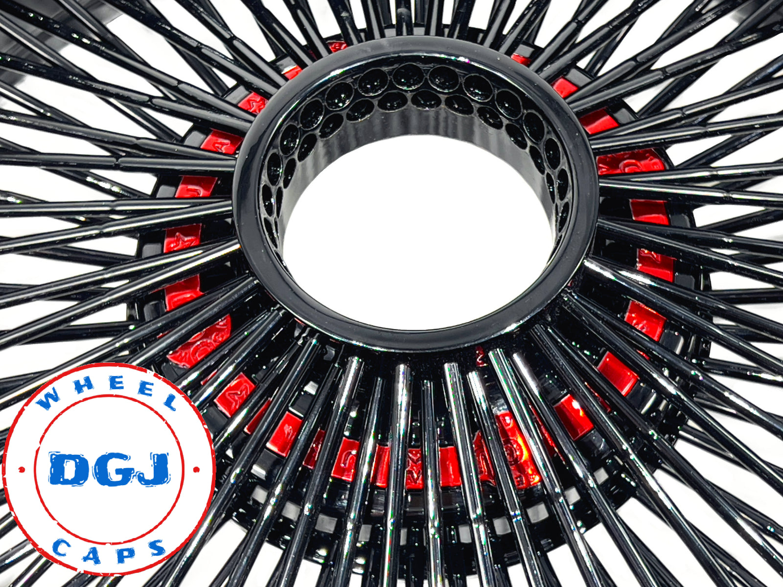 Lowrider Wire Wheels DGJ Wheel Caps DGJ WHEEL 13x7 Rev 100 Spoke All Black w/ Red Nip+Hub Ring Lowrider Wire Wheels