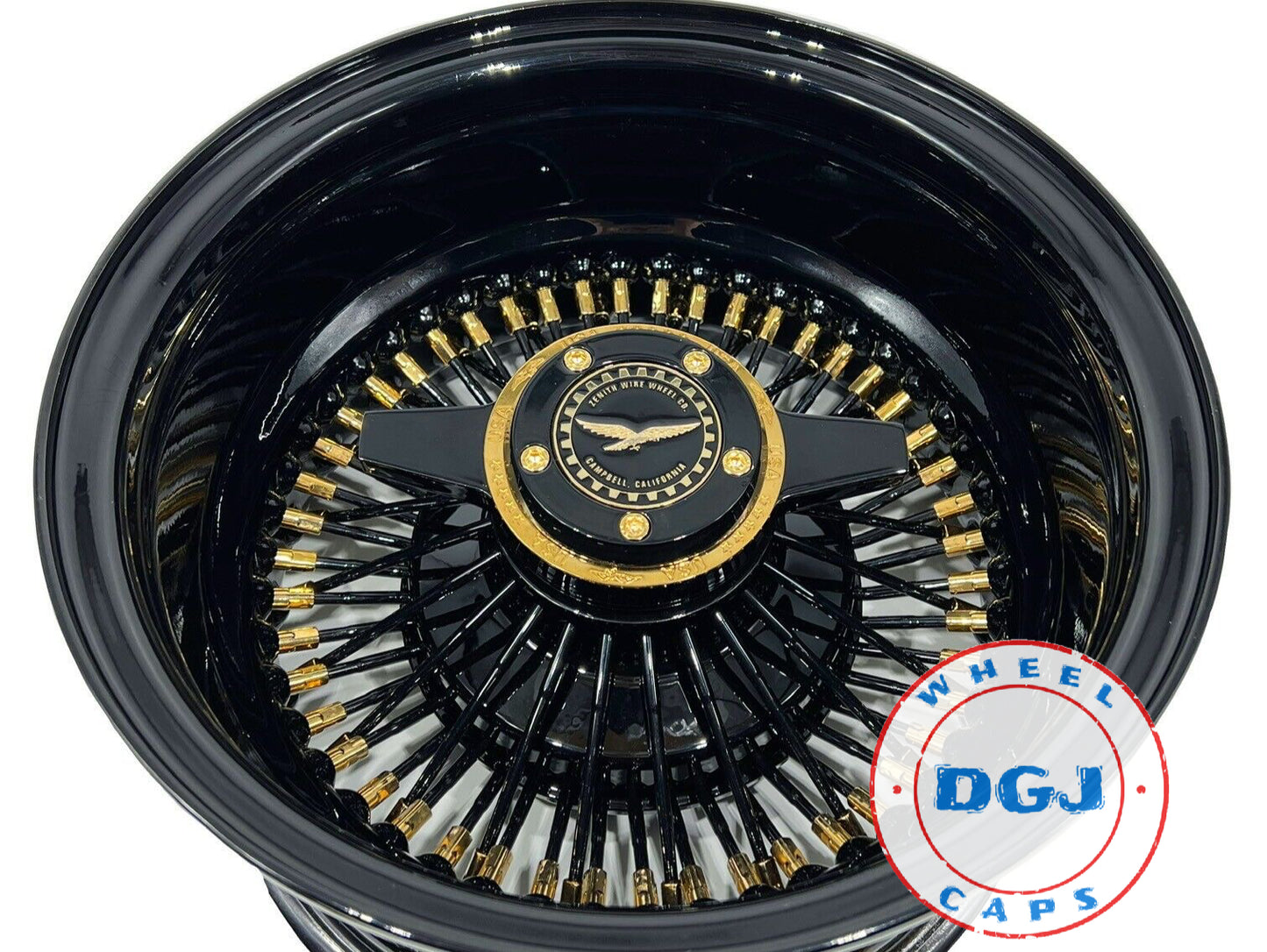 Lowrider Wire Wheels DGJ Wheel Caps 13x7 Rev 72 STR Black with Gold Nipples +Zenith Locking Lowrider Wire Wheel Rims