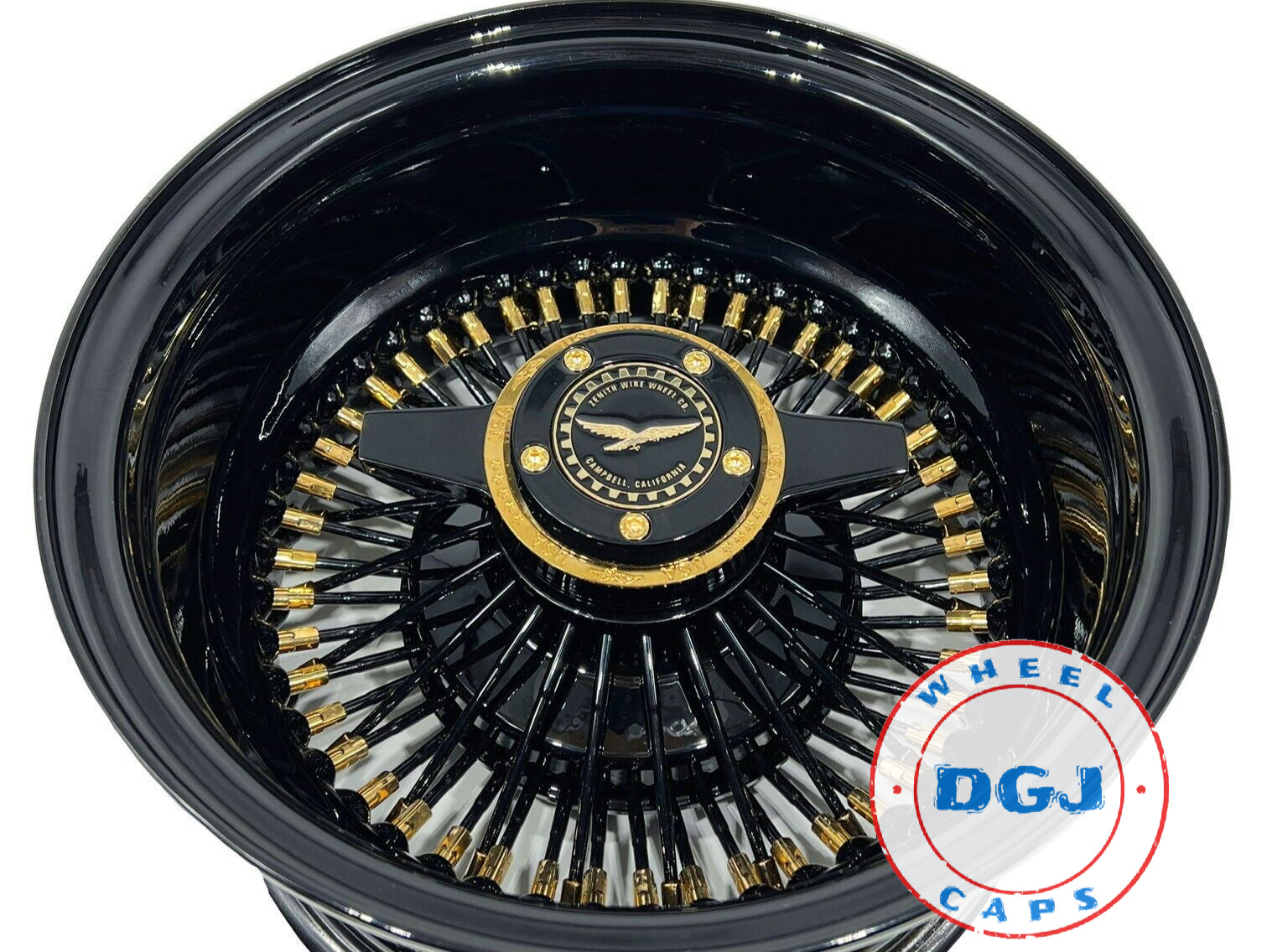 Lowrider Wire Wheels DGJ Wheel Caps 13x7 Rev 72 STR Black with Gold Nipples +Zenith Locking Lowrider Wire Wheel Rims