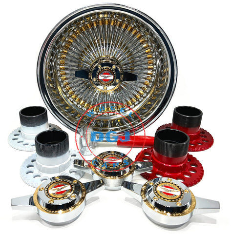 14x7 Zenith Style Lowrider Wire Wheels 100 Spoke Chrome Ring, Gold Nipples & Hub