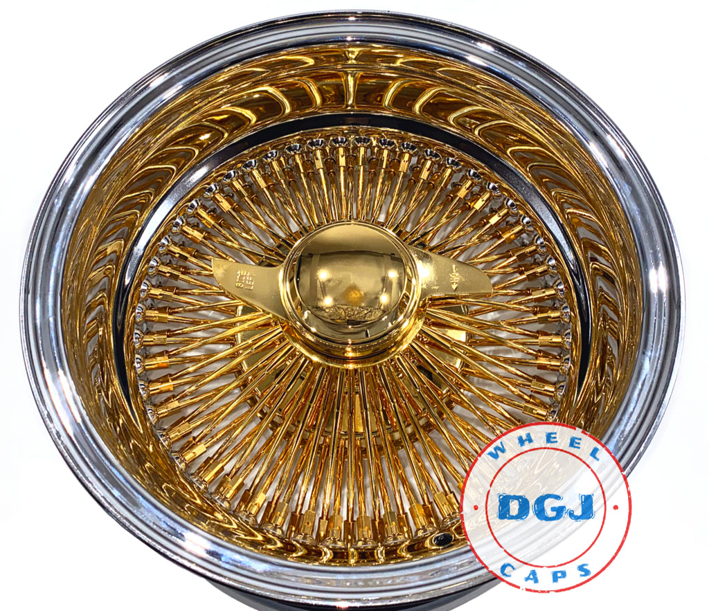 14x7 Rev 100 Spokes Center Gold Lowrider Wire Wheel Rims with Gold Kno ...