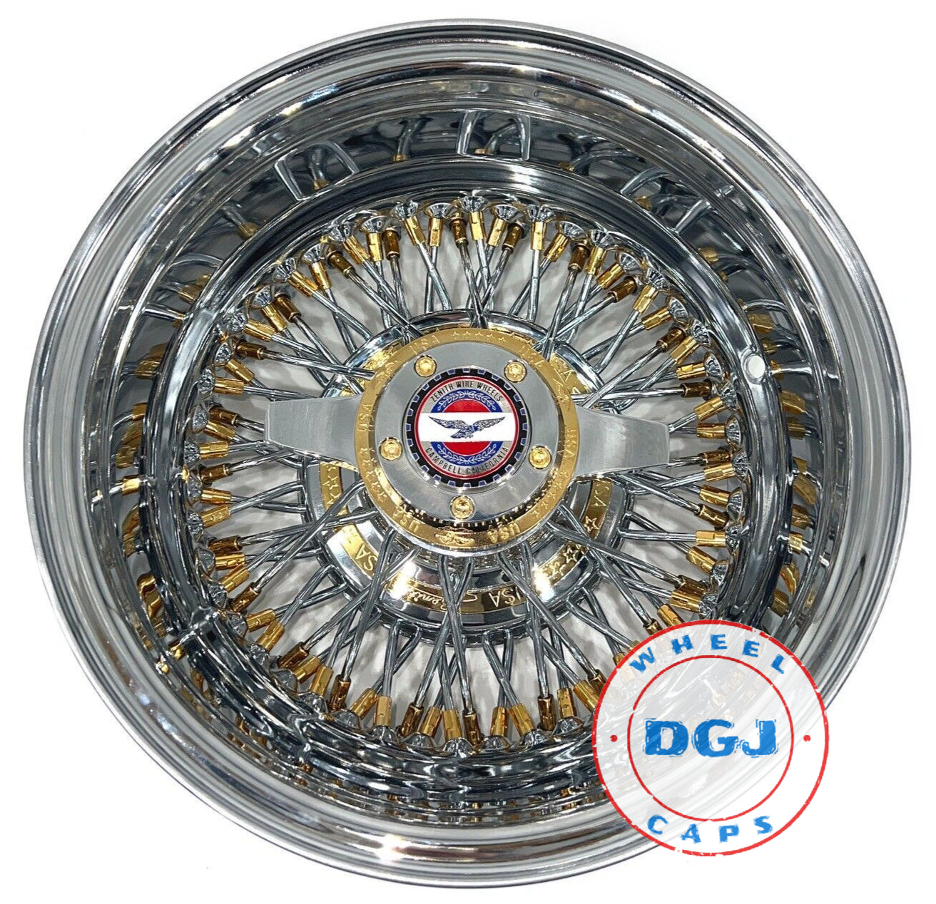 Lowrider Wire Wheels DGJ Wheel Caps Zenith Style 14x7 Rev 72 Cross Lace Gold Nipples & Hub Ring Lowrider Wire Wheels