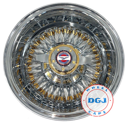 Lowrider Wire Wheels DGJ Wheel Caps Zenith Style 14x7 Rev 72 Cross Lace Gold Nipples & Hub Ring Lowrider Wire Wheels