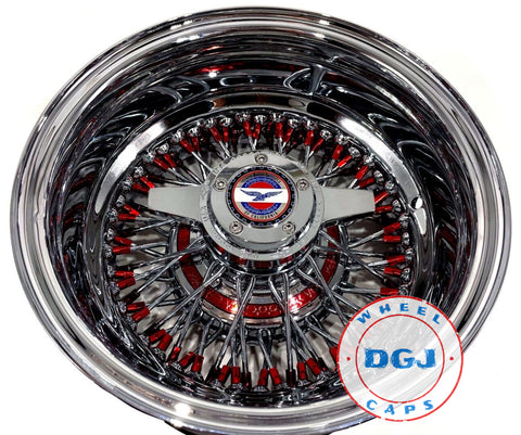13x7 Rev Zenith Style Chrome Lowrider Wire Wheels w/ Red Nipples & Red Hub Ring