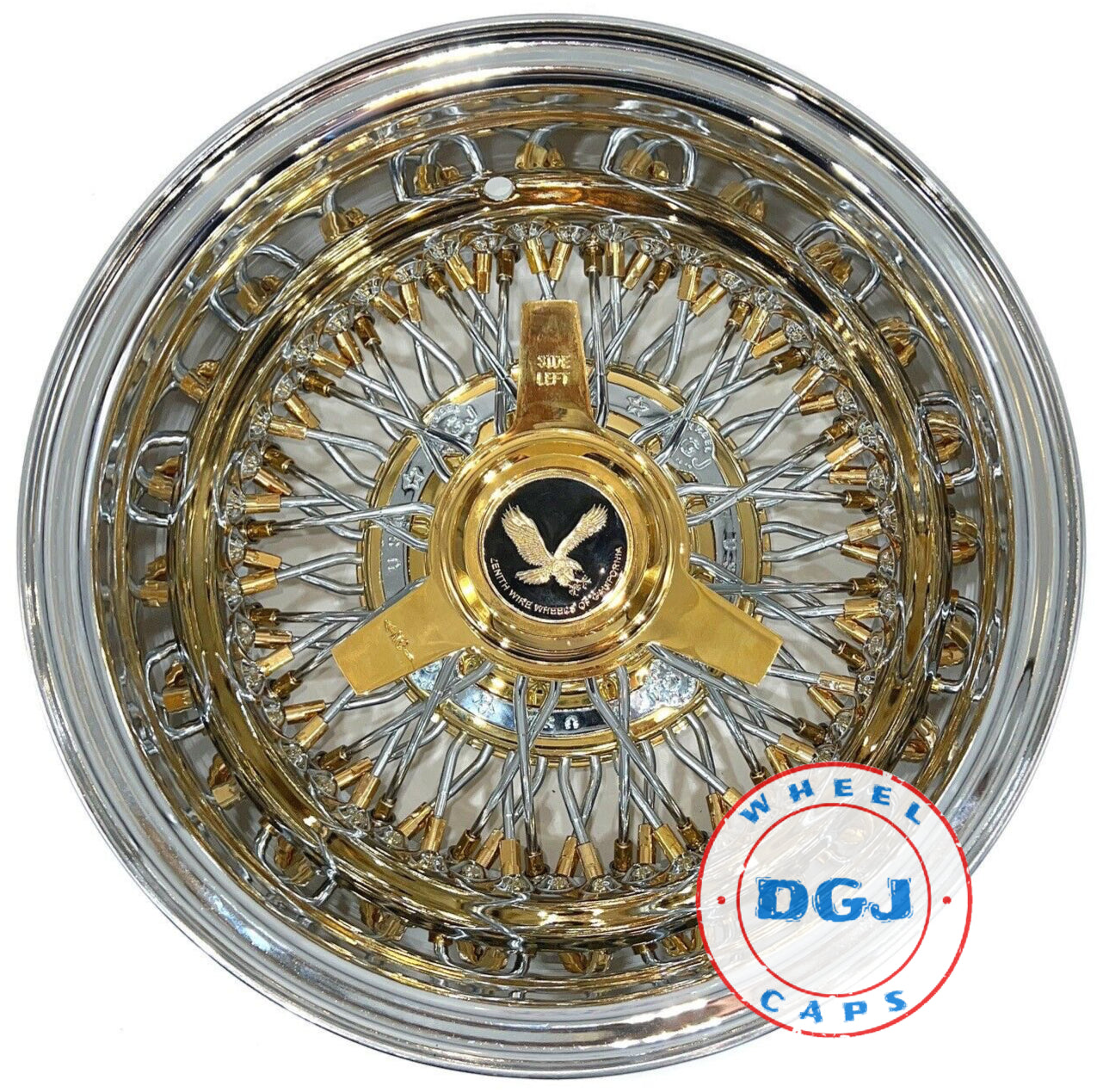 Lowrider Wire Wheels DGJ Wheel Caps DGJ WHEEL 13x7 Rev 72 Cross Lace Gold Nipples & Hub Lowrider Wire Wheels