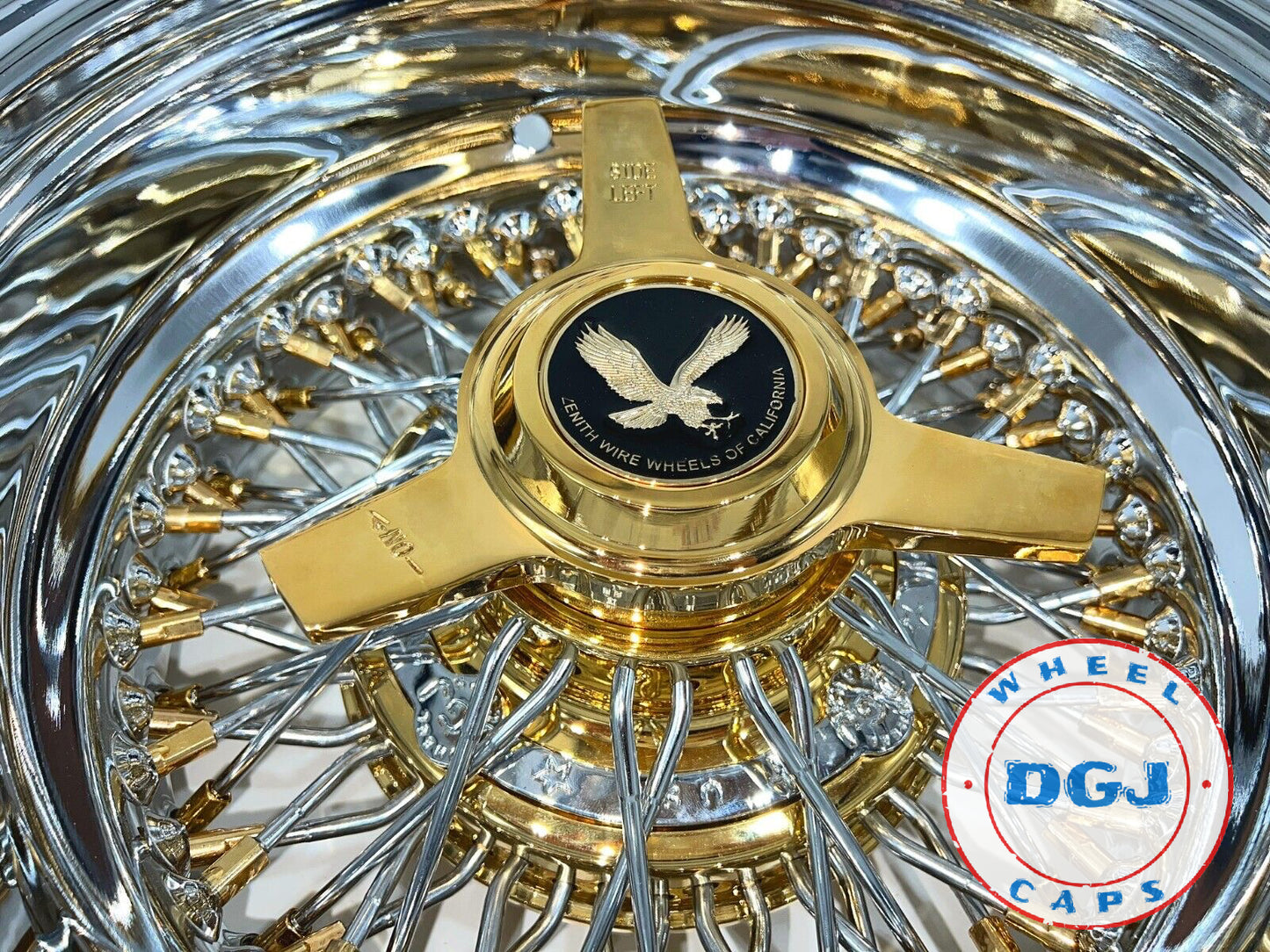Lowrider Wire Wheels DGJ Wheel Caps DGJ WHEEL 13x7 Rev 72 Cross Lace Gold Nipples & Hub Lowrider Wire Wheels