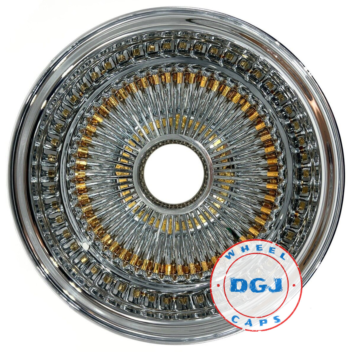 DGJ WHEEL 14x7 Rev 100 Spoke Gold Nipples & Hub Ring Lowrider Wire Wheels