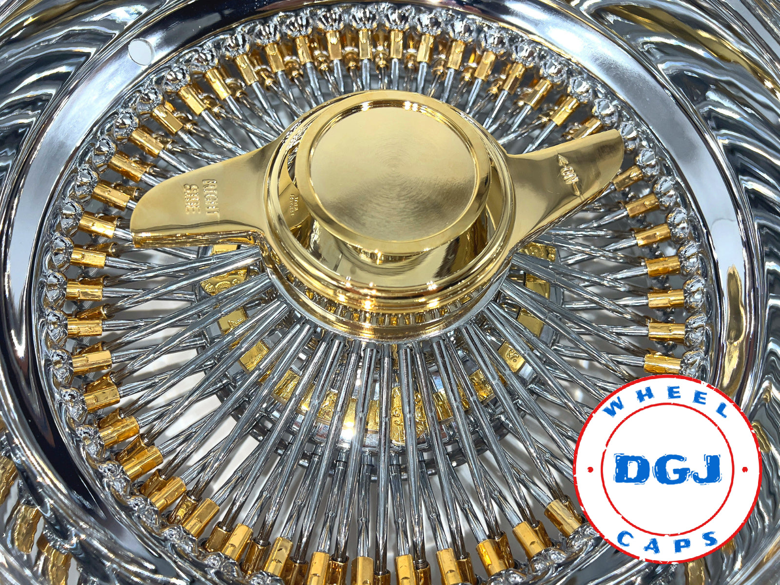DGJ WHEEL 14x7 Rev 100 Spoke Gold Nipples & Hub Ring Lowrider Wire Wheels