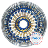 DGJ WHEELS 14x7 Rev 72 Straight Lace Candy Blue & Gold Lowrider Wire Wheel Rims