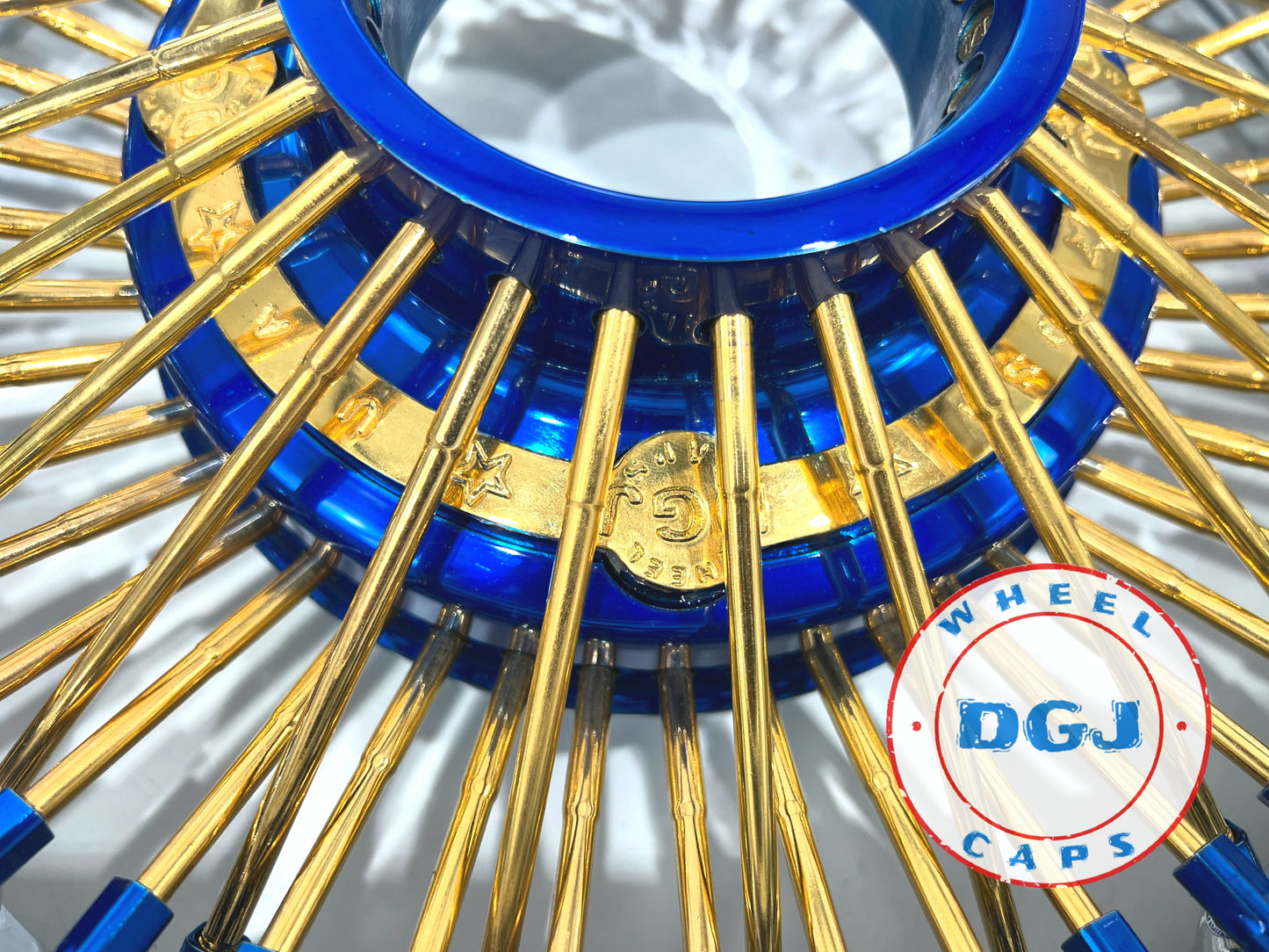 DGJ WHEELS 13x7 Rev 72 Straight Lace Candy Blue & Gold Lowrider Wire Wheel Rims
