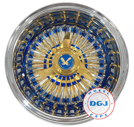 DGJ WHEELS 14x7 Rev 72 Straight Lace Candy Blue & Gold Lowrider Wire Wheel Rims