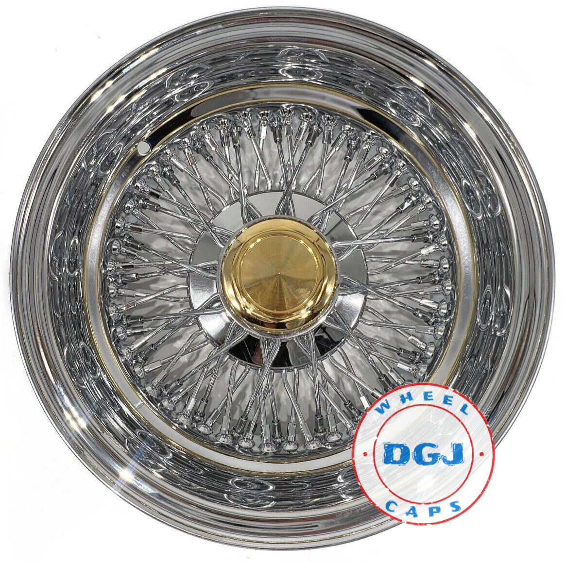 Lowrider Wire Wheels DGJ Wheel Caps 14x6 Rev 72 Spoke Cross Lace All Chrome w/Gold Knockoff Lowrider Wire Wheel Rims
