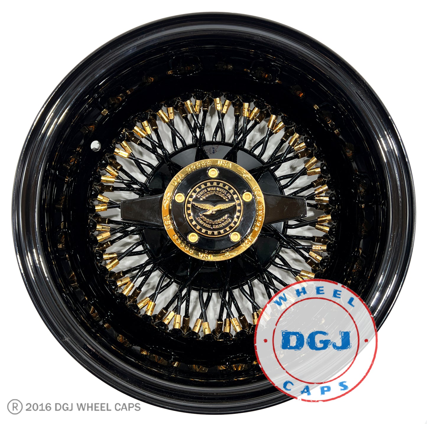 13x7 Rev 72 CL Black w/ Gold Nipples + Zenith Locking Lowrider Wire Wheel Rims