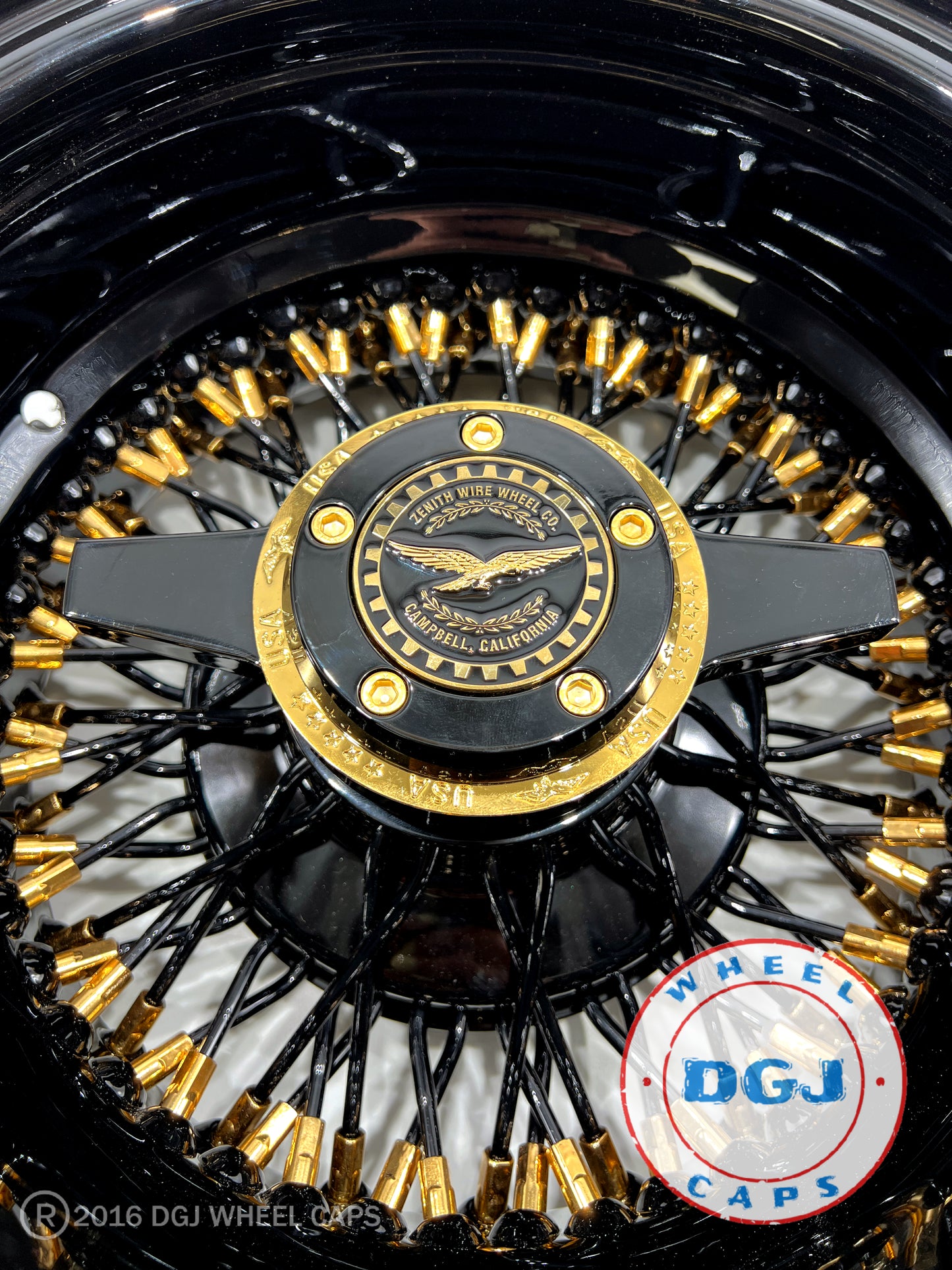 13x7 Rev 72 CL Black w/ Gold Nipples + Zenith Locking Lowrider Wire Wheel Rims