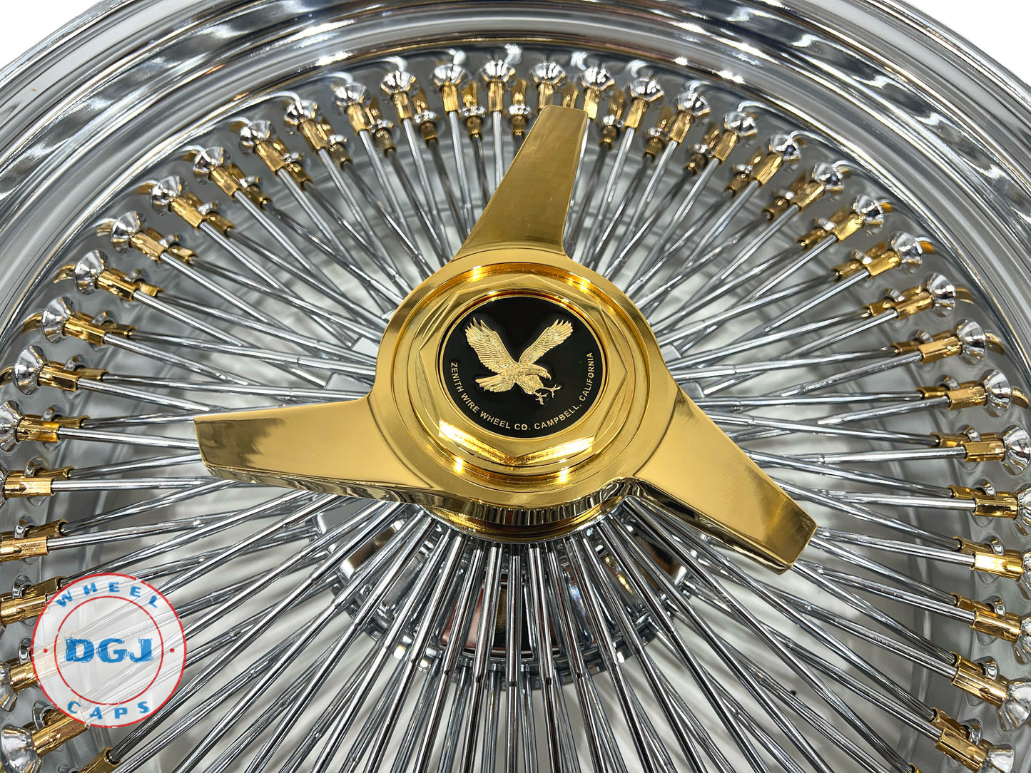 Lowrider Wire Wheels DGJ Wheel Caps 18x8 Standard 100 Spokes Gold Nipples & Knockoffs Lowrider Wire Wheel Rims
