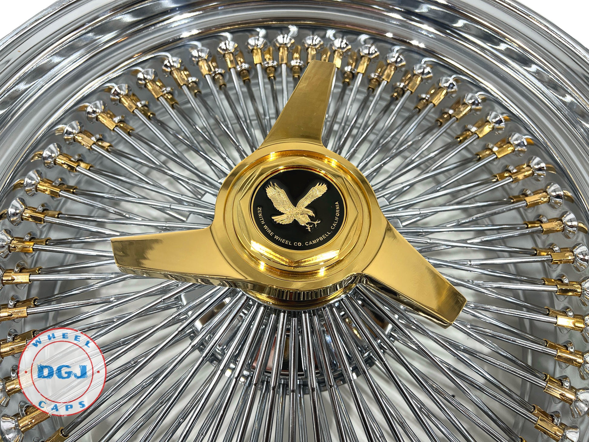 Lowrider Wire Wheels DGJ Wheel Caps 18x8 Standard 100 Spokes Gold Nipples & Knockoffs Lowrider Wire Wheel Rims