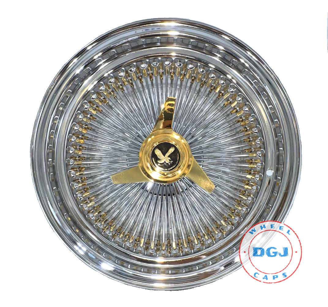 Lowrider Wire Wheels DGJ Wheel Caps 18x8 Standard 100 Spokes Gold Nipples & Knockoffs Lowrider Wire Wheel Rims