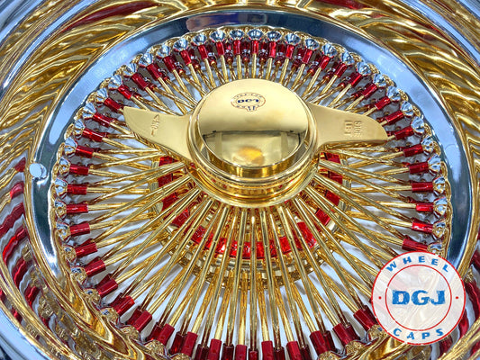DGJ WHEELS 13x7 Rev 100 Spokes Candy Red & Gold Lowrider Wire Wheel Rims
