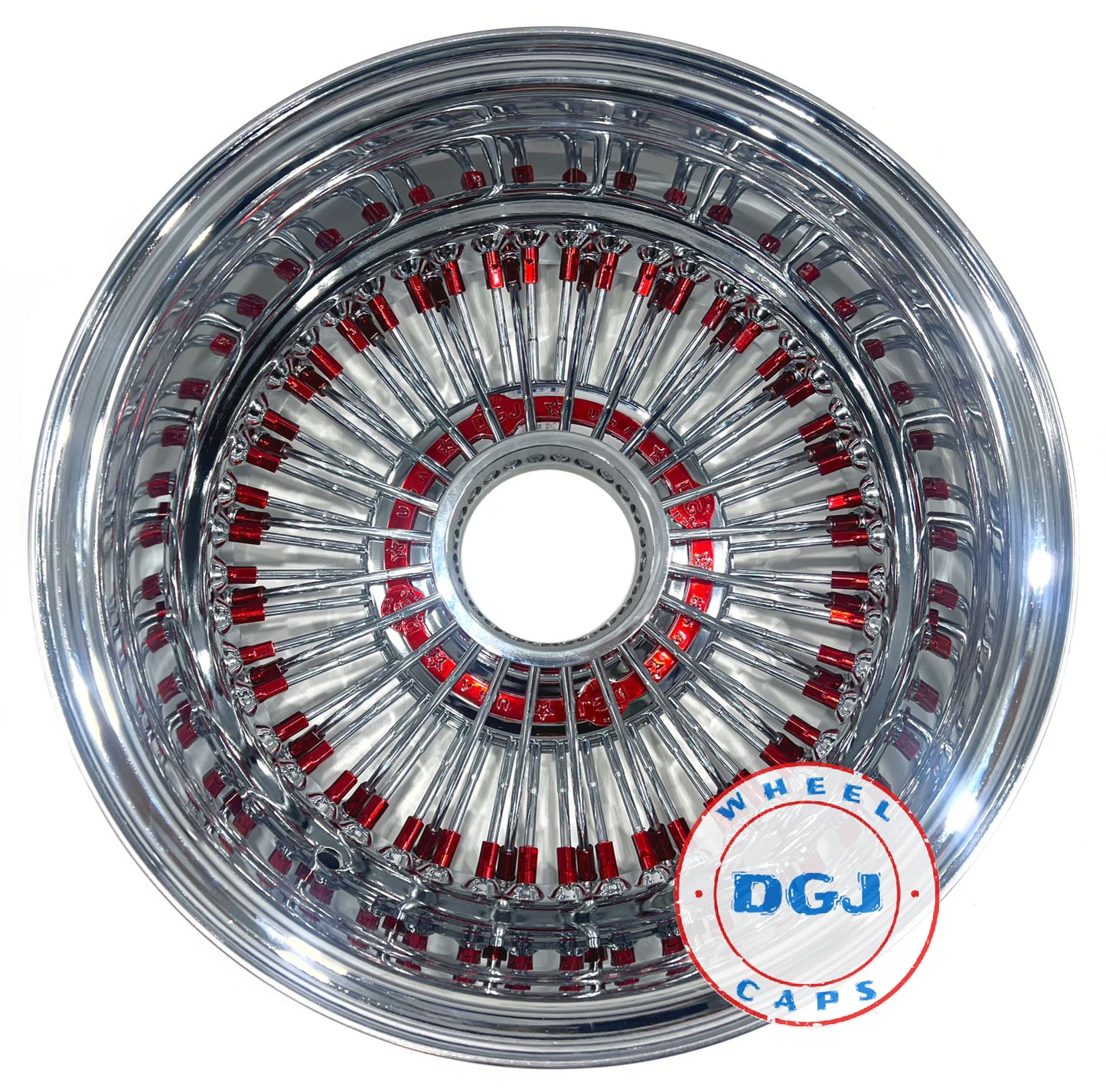 Lowrider Wire Wheels DGJ Wheel Caps DGJ 14x7 Rev 72 Straight Lace Candy Red Nip & Hub Ring Lowrider Wire Wheel Rims