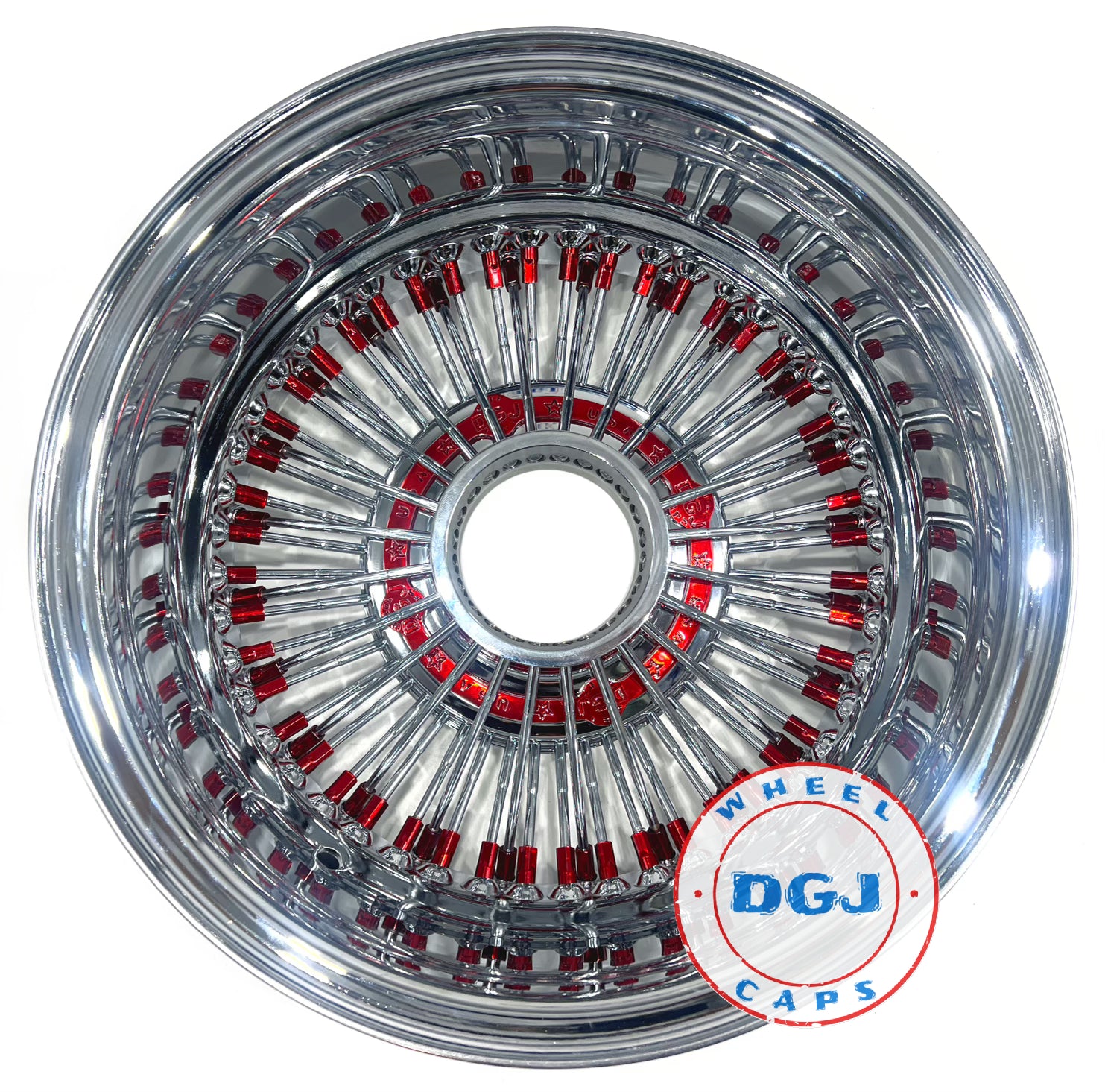 Lowrider Wire Wheels DGJ Wheel Caps DGJ 14x7 Rev 72 Straight Lace Candy Red Nip & Hub Ring Lowrider Wire Wheel Rims