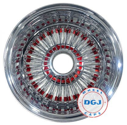 Lowrider Wire Wheels DGJ Wheel Caps DGJ 14x7 Rev 72 Straight Lace Candy Red Nip & Hub Ring Lowrider Wire Wheel Rims