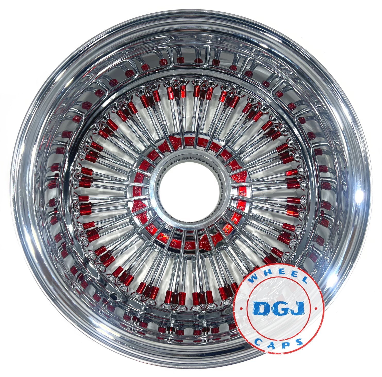 Lowrider Wire Wheels DGJ Wheel Caps DGJ 13x7 Rev 72 Straight Lace Candy Red Nip & Hub Ring Lowrider Wire Wheel Rims