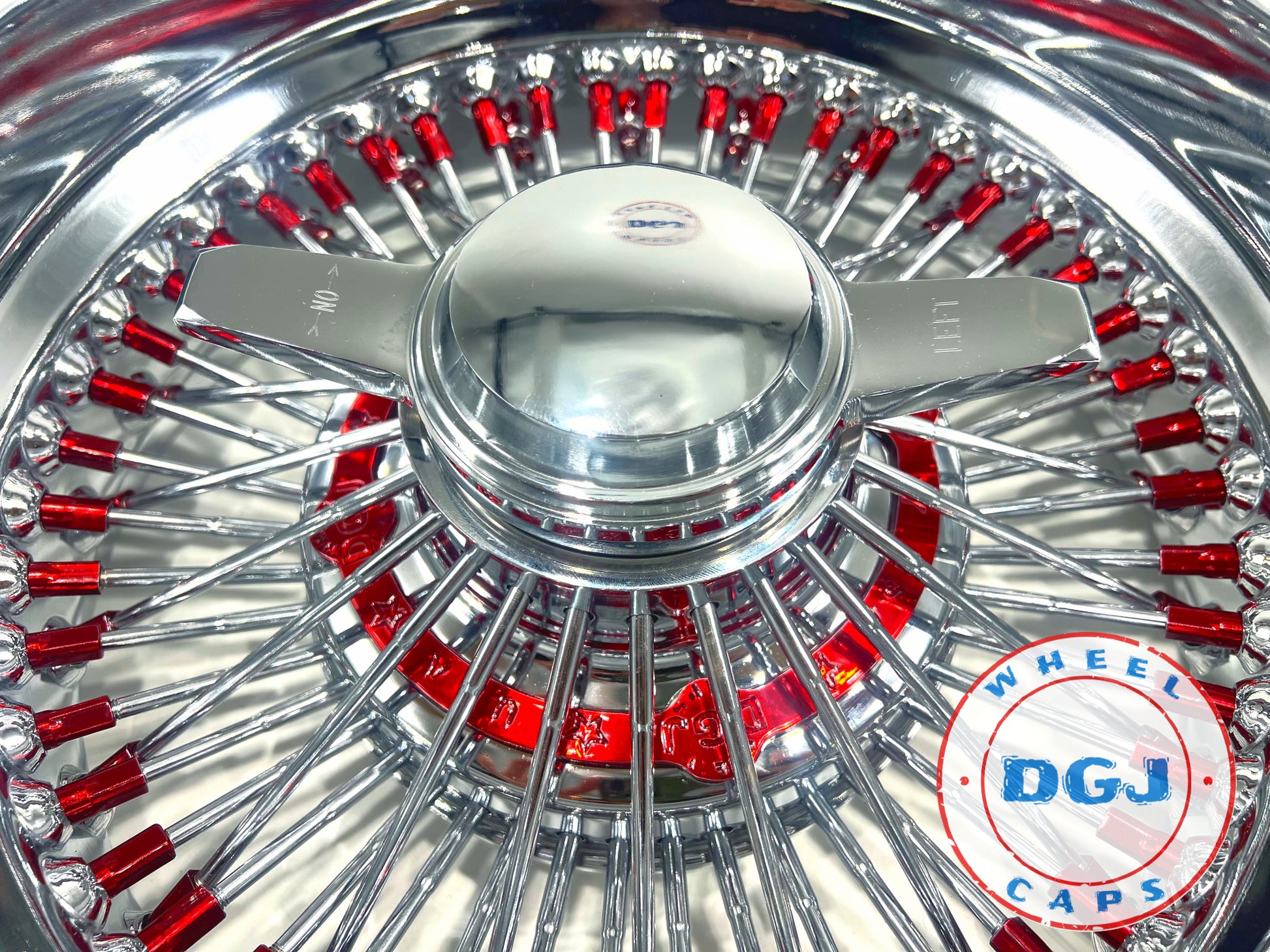 Lowrider Wire Wheels DGJ Wheel Caps DGJ 14x7 Rev 72 Straight Lace Candy Red Nip & Hub Ring Lowrider Wire Wheel Rims
