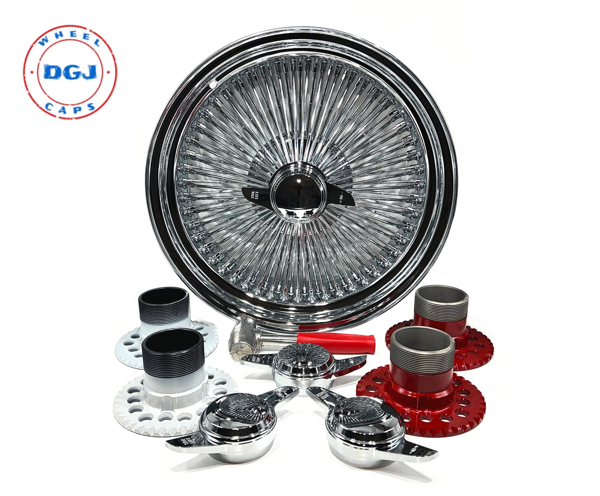 Lowrider Wire Wheels DGJ Wheel Caps 15x7 Standard 100 Spokes All Chrome Lowrider Wire Wheel Rims