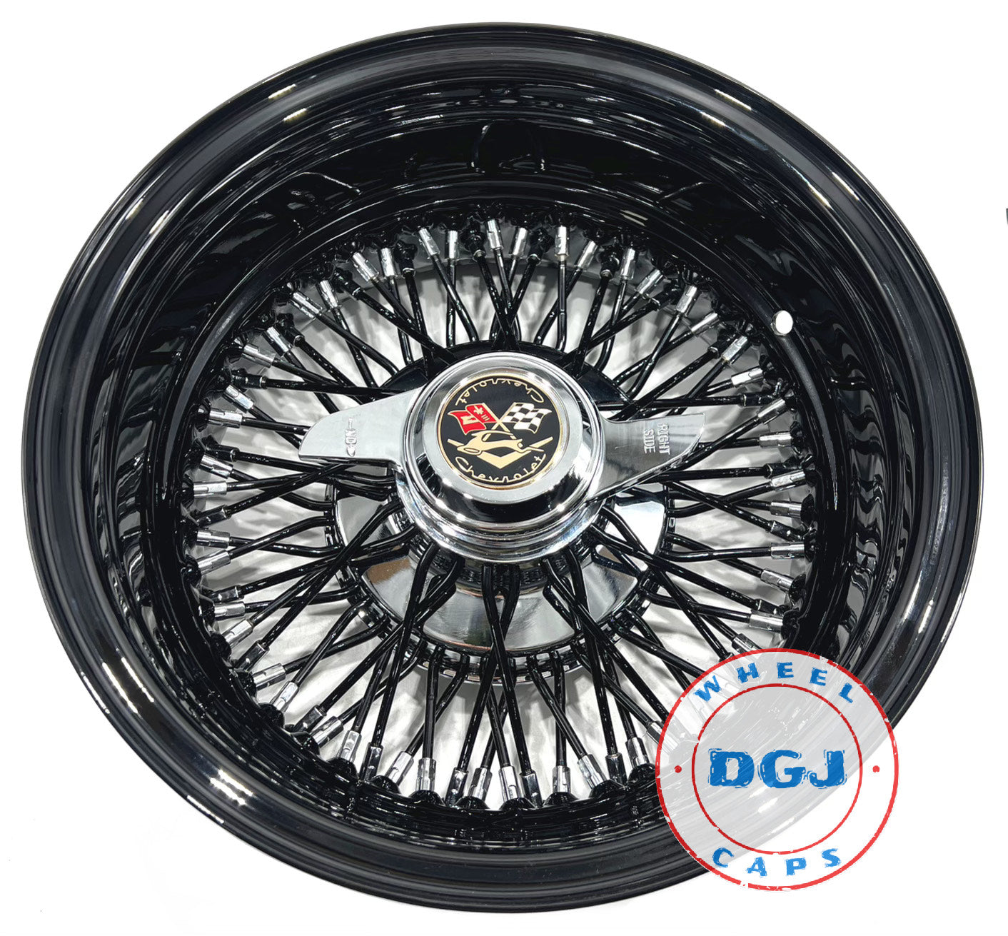 Lowrider Wire Wheels DGJ Wheel Caps 14x7 Rev 72 Cross Lace All Black + Chrome Nip & Hub Lowrider Wire Wheel Rims